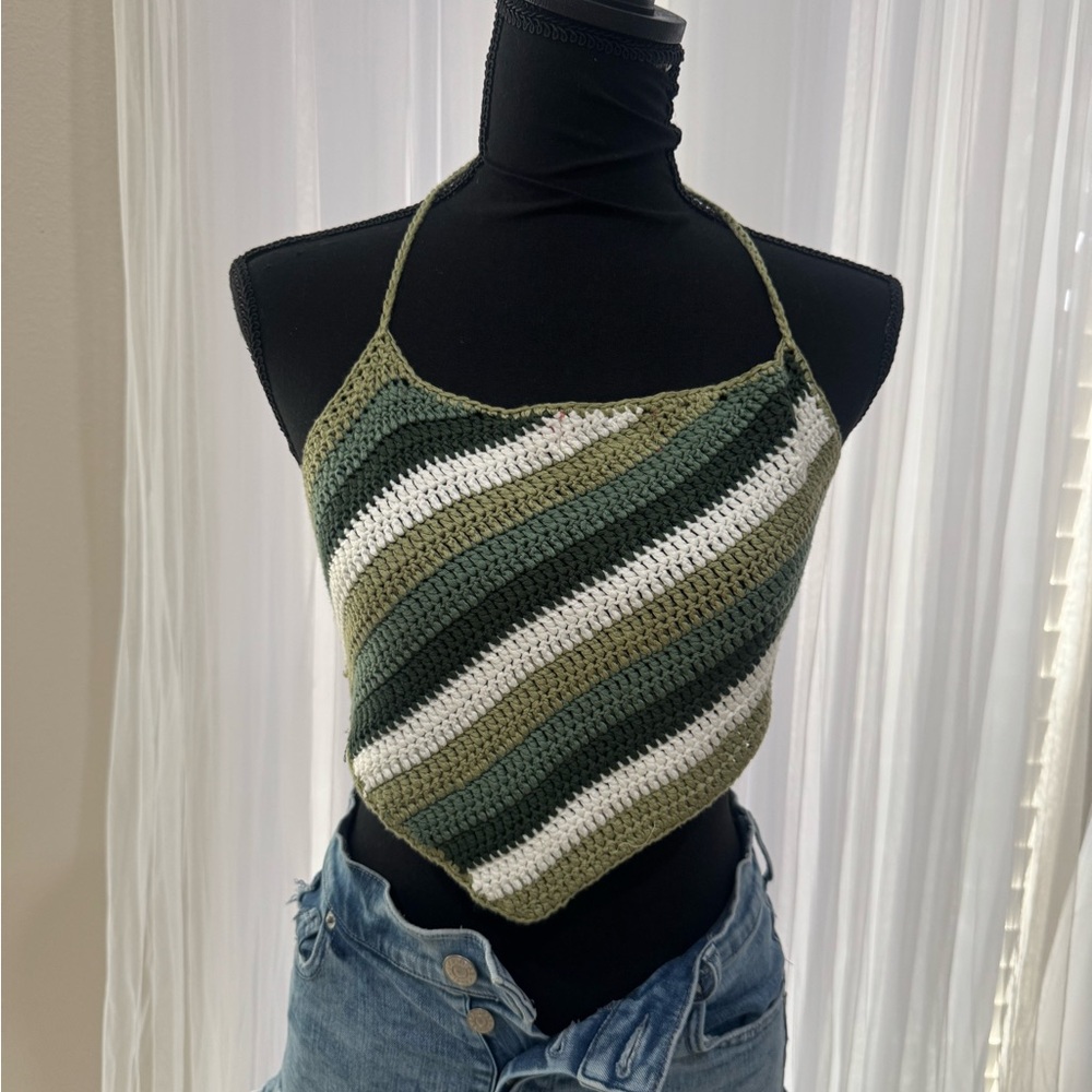 Edikted Green and White Striped Crochet Crop Top